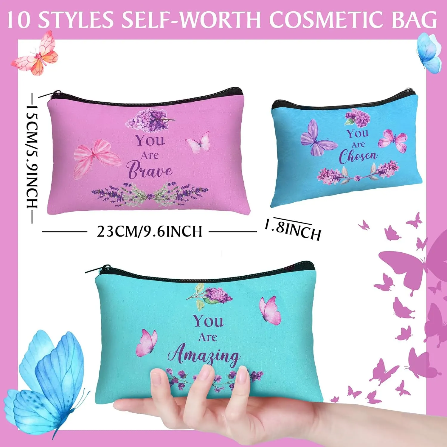 10 Pcs Christian Makeup Bags Gifts for Women Religious Inspirational Bible Verse Pencil Pouch Purple Butterfly Lavender Scripture Canvas Toiletry Cosmetic Bag for Church Favors(Colorful)