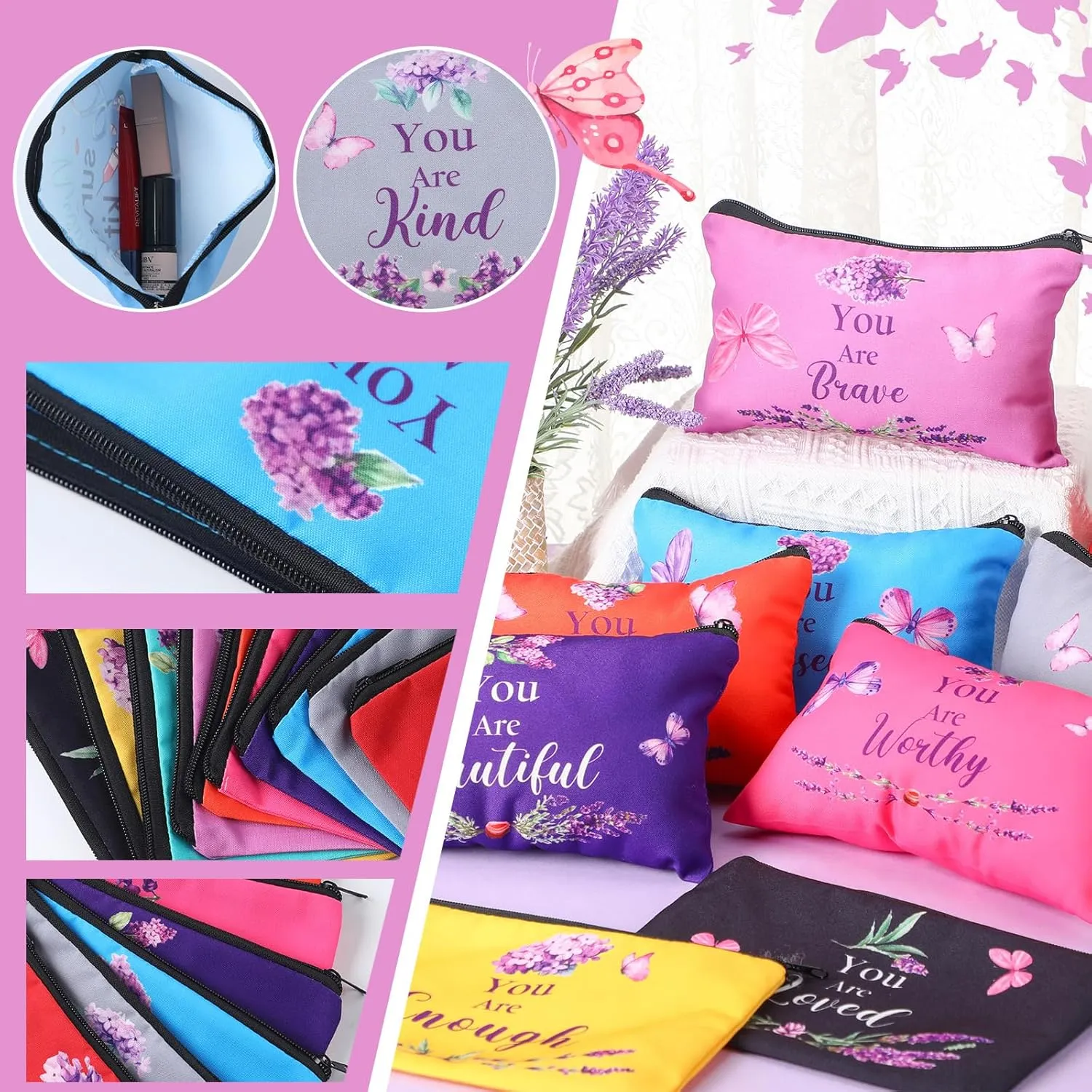 10 Pcs Christian Makeup Bags Gifts for Women Religious Inspirational Bible Verse Pencil Pouch Purple Butterfly Lavender Scripture Canvas Toiletry Cosmetic Bag for Church Favors(Colorful)