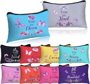 10 Pcs Christian Makeup Bags Gifts for Women Religious Inspirational Bible Verse Pencil Pouch Purple Butterfly Lavender Scripture Canvas Toiletry Cosmetic Bag for Church Favors(Colorful)