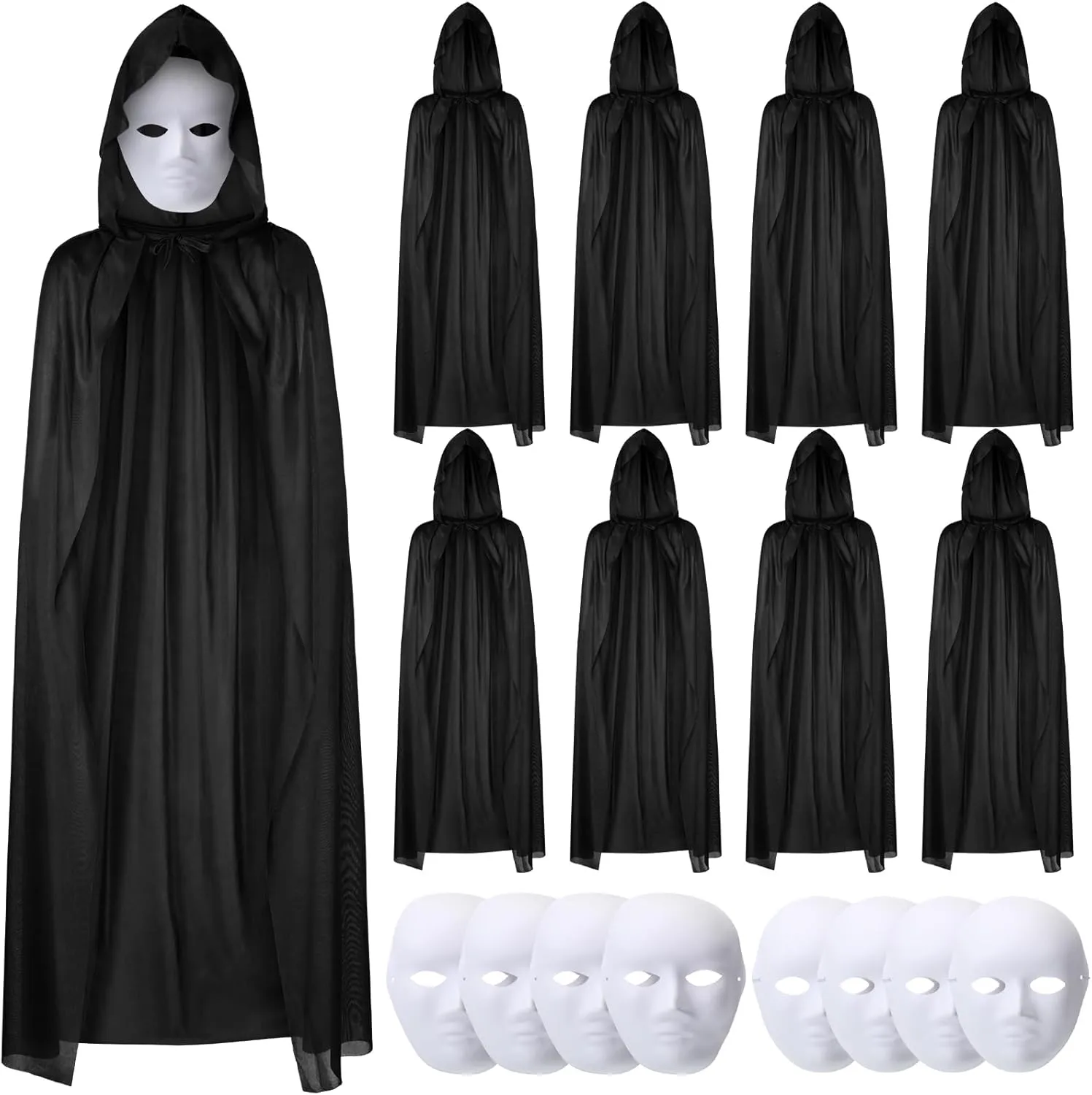 16 Pcs Black Cloak Masks Sets, 8 Adult Black Cloaks with Hood and 8 Full Face Masks Invisible Cape Robe for Adult Halloween Costume Cosplay Carnivals Party