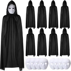16 Pcs Black Cloak Masks Sets, 8 Adult Black Cloaks with Hood and 8 Full Face Masks Invisible Cape Robe for Adult Halloween Costume Cosplay Carnivals Party