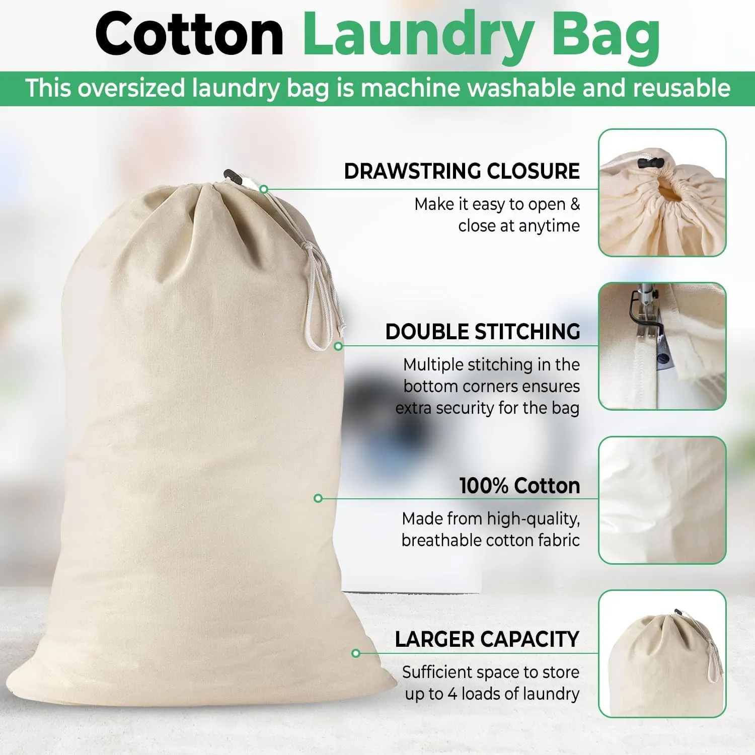 2 Pack - Extra Large Cotton Laundry Bag, Heavy Duty Large Laundry Bags 24 x 36 inch XL Drawstring Travel Organizer Bag Fit Hamper Basket Camp (Beige, Pack of 2)