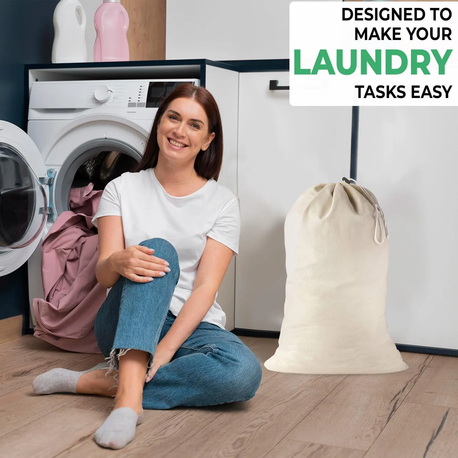 2 Pack - Extra Large Cotton Laundry Bag, Heavy Duty Large Laundry Bags 24 x 36 inch XL Drawstring Travel Organizer Bag Fit Hamper Basket Camp (Beige, Pack of 2)