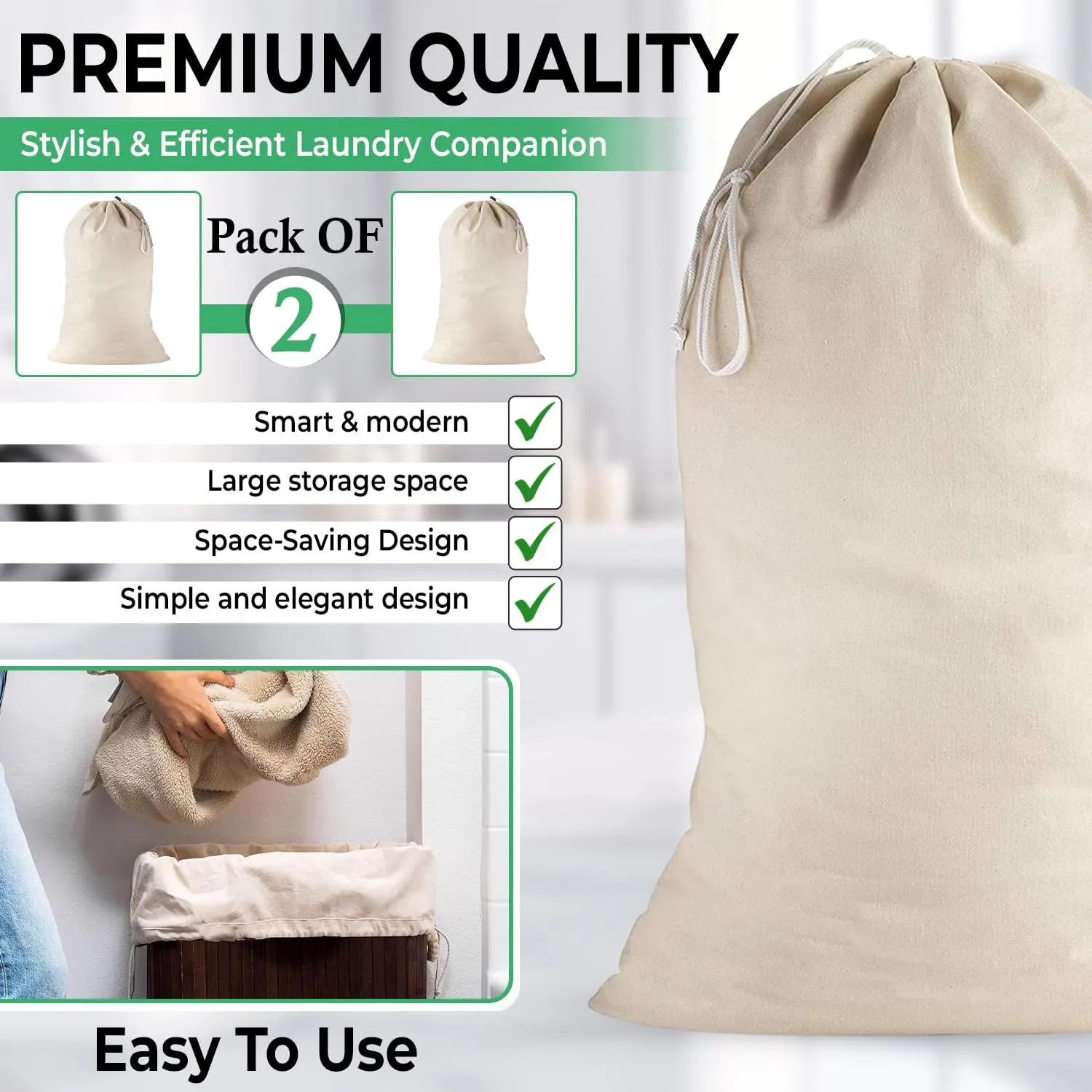 2 Pack - Extra Large Cotton Laundry Bag, Heavy Duty Large Laundry Bags 24 x 36 inch XL Drawstring Travel Organizer Bag Fit Hamper Basket Camp (Beige, Pack of 2)