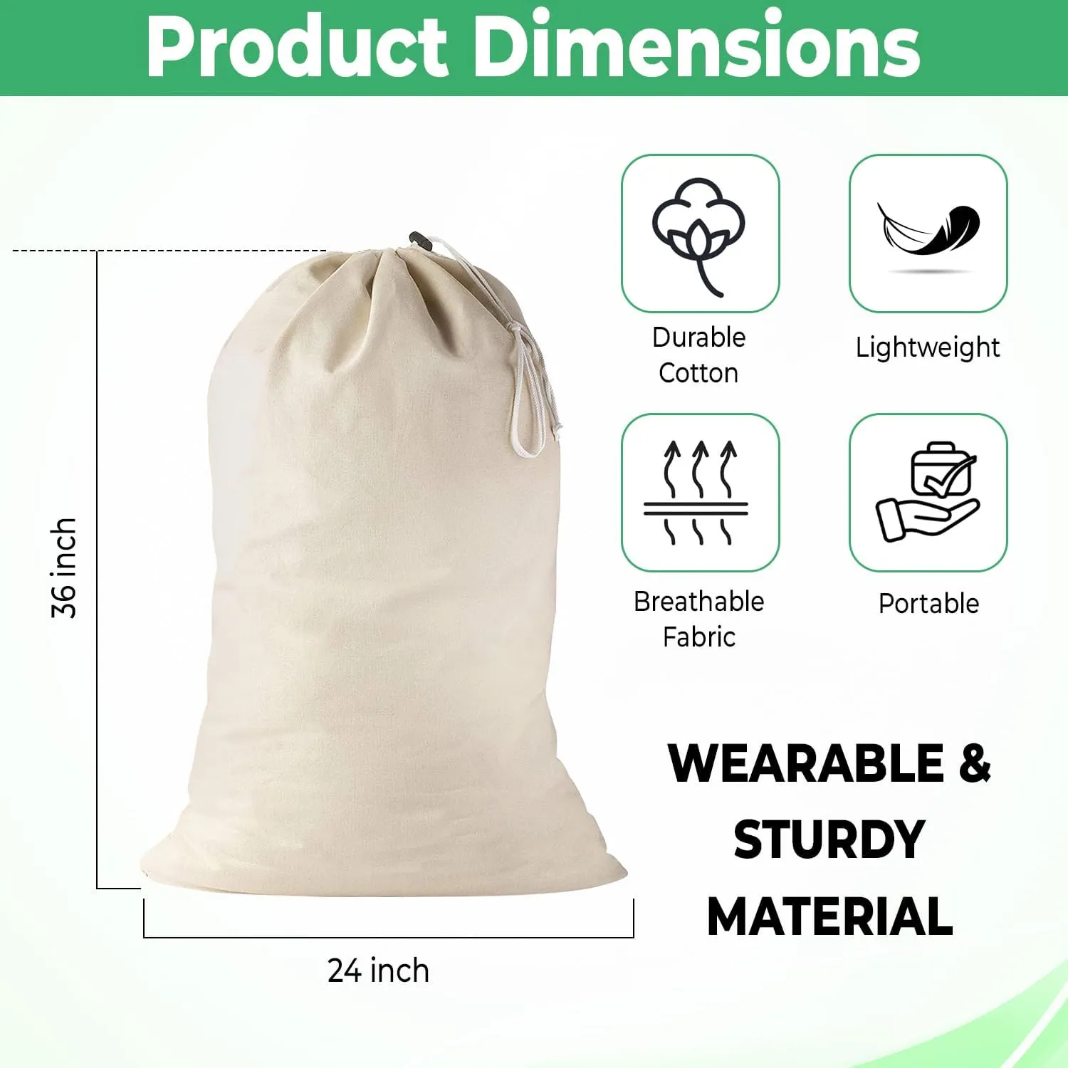 2 Pack - Extra Large Cotton Laundry Bag, Heavy Duty Large Laundry Bags 24 x 36 inch XL Drawstring Travel Organizer Bag Fit Hamper Basket Camp (Beige, Pack of 2)