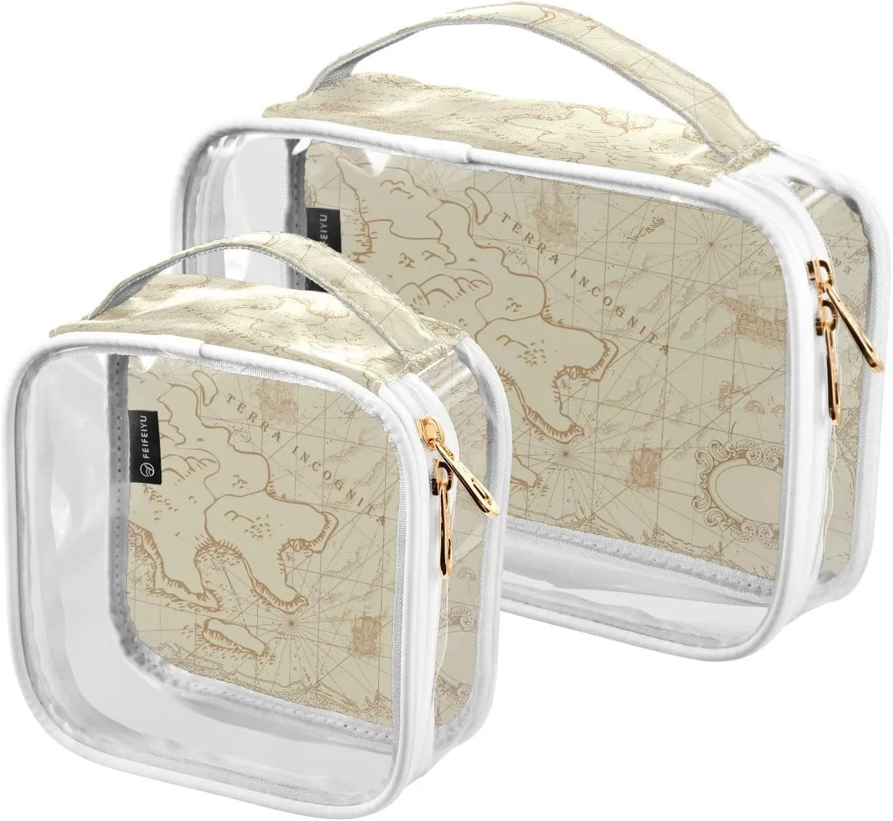 2 Pack Portable Travel Clear Cosmetic Toiletry Bags with Double Zippers for Men Women, Ancient-nautical-chart-sea-routes (2) Waterproof Storage Carry Pouch with Handle, Tote Bags for Bathroom Traveli