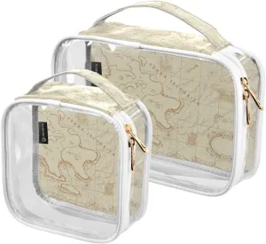 2 Pack Portable Travel Clear Cosmetic Toiletry Bags with Double Zippers for Men Women, Ancient-nautical-chart-sea-routes (2) Waterproof Storage Carry Pouch with Handle, Tote Bags for Bathroom Traveli