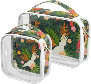 2 Pack Portable Travel Clear Cosmetic Toiletry Bags with Double Zippers for Men Women, Leaves-exotic-birds Waterproof Storage Carry Pouch with Handle, Tote Bags for Bathroom Traveling Vacation Organi