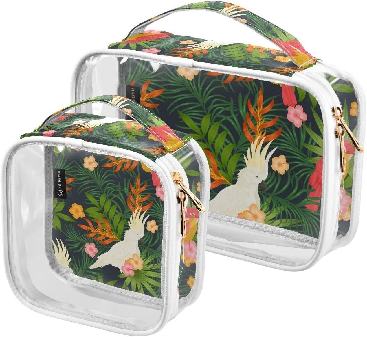 2 Pack Portable Travel Clear Cosmetic Toiletry Bags with Double Zippers for Men Women, Leaves-exotic-birds Waterproof Storage Carry Pouch with Handle, Tote Bags for Bathroom Traveling Vacation Organi