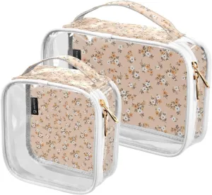 2 Pack Portable Travel Clear Cosmetic Toiletry Bags with Double Zippers for Men Women, Light-begie-vintage-print Waterproof Storage Carry Pouch with Handle, Tote Bags for Bathroom Traveling Vacation