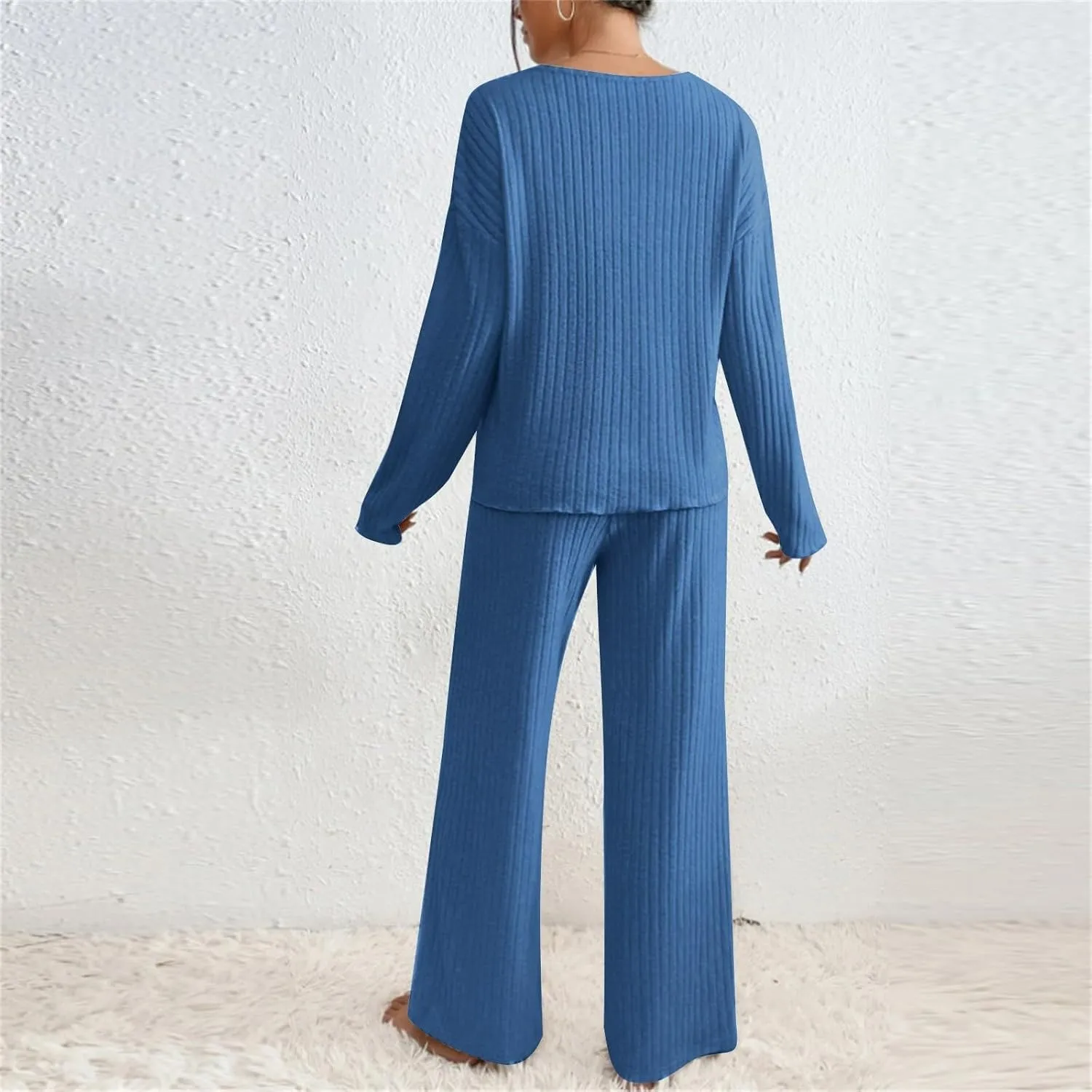 2 Piece Outfits for Women Knit Sweater Long Sleeve Crewneck Tops and Wide Leg Pants 2024 Ribbed Fall Lounge Set
