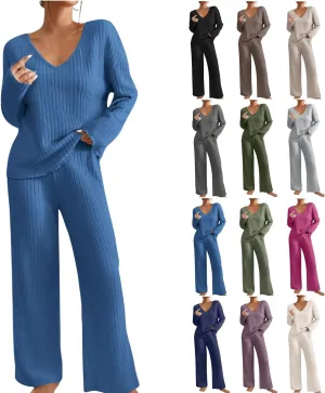 2 Piece Outfits for Women Knit Sweater Long Sleeve Crewneck Tops and Wide Leg Pants 2024 Ribbed Fall Lounge Set