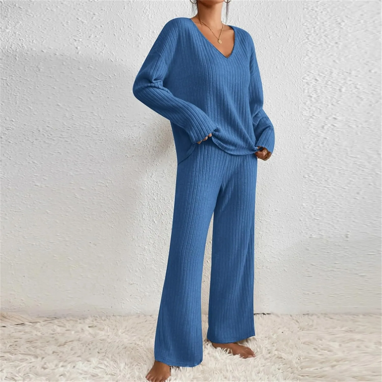 2 Piece Outfits for Women Knit Sweater Long Sleeve Crewneck Tops and Wide Leg Pants 2024 Ribbed Fall Lounge Set