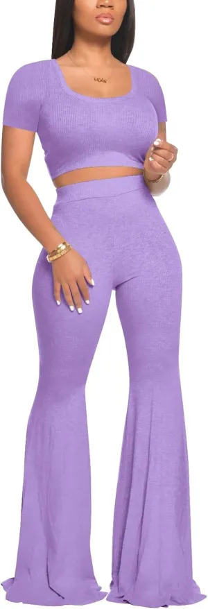 2 Piece Outfits for Women Workout Sets - Sexy Crop Top   High Waisted Flared Long Pant Sets Track Suits Yoga Sports