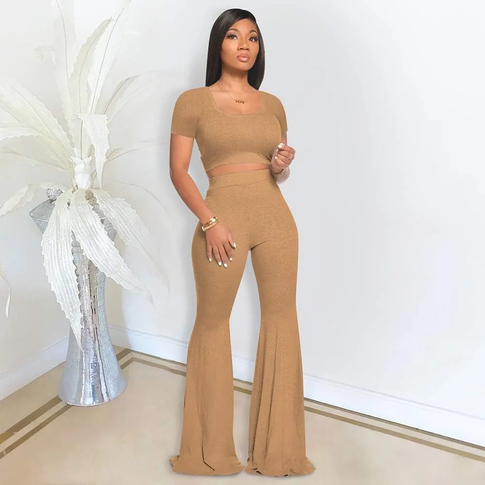2 Piece Outfits for Women Workout Sets - Sexy Crop Top   High Waisted Flared Long Pant Sets Track Suits Yoga Sports