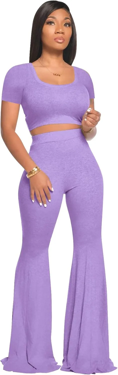 2 Piece Outfits for Women Workout Sets - Sexy Crop Top   High Waisted Flared Long Pant Sets Track Suits Yoga Sports