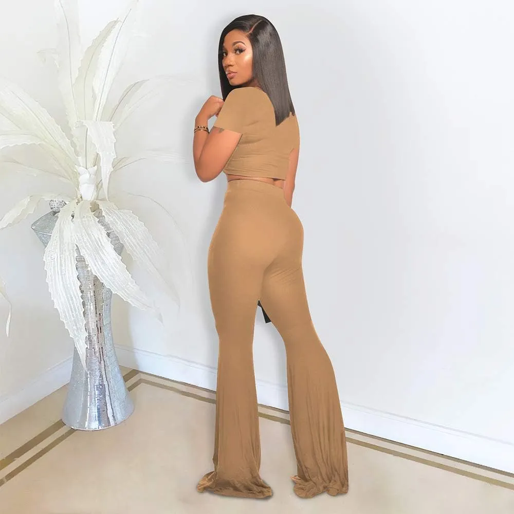 2 Piece Outfits for Women Workout Sets - Sexy Crop Top   High Waisted Flared Long Pant Sets Track Suits Yoga Sports