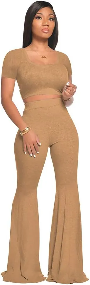 2 Piece Outfits for Women Workout Sets - Sexy Crop Top   High Waisted Flared Long Pant Sets Track Suits Yoga Sports