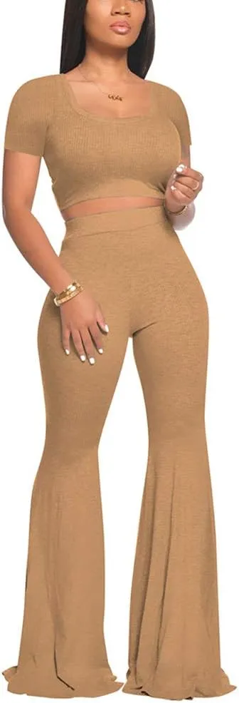 2 Piece Outfits for Women Workout Sets - Sexy Crop Top   High Waisted Flared Long Pant Sets Track Suits Yoga Sports