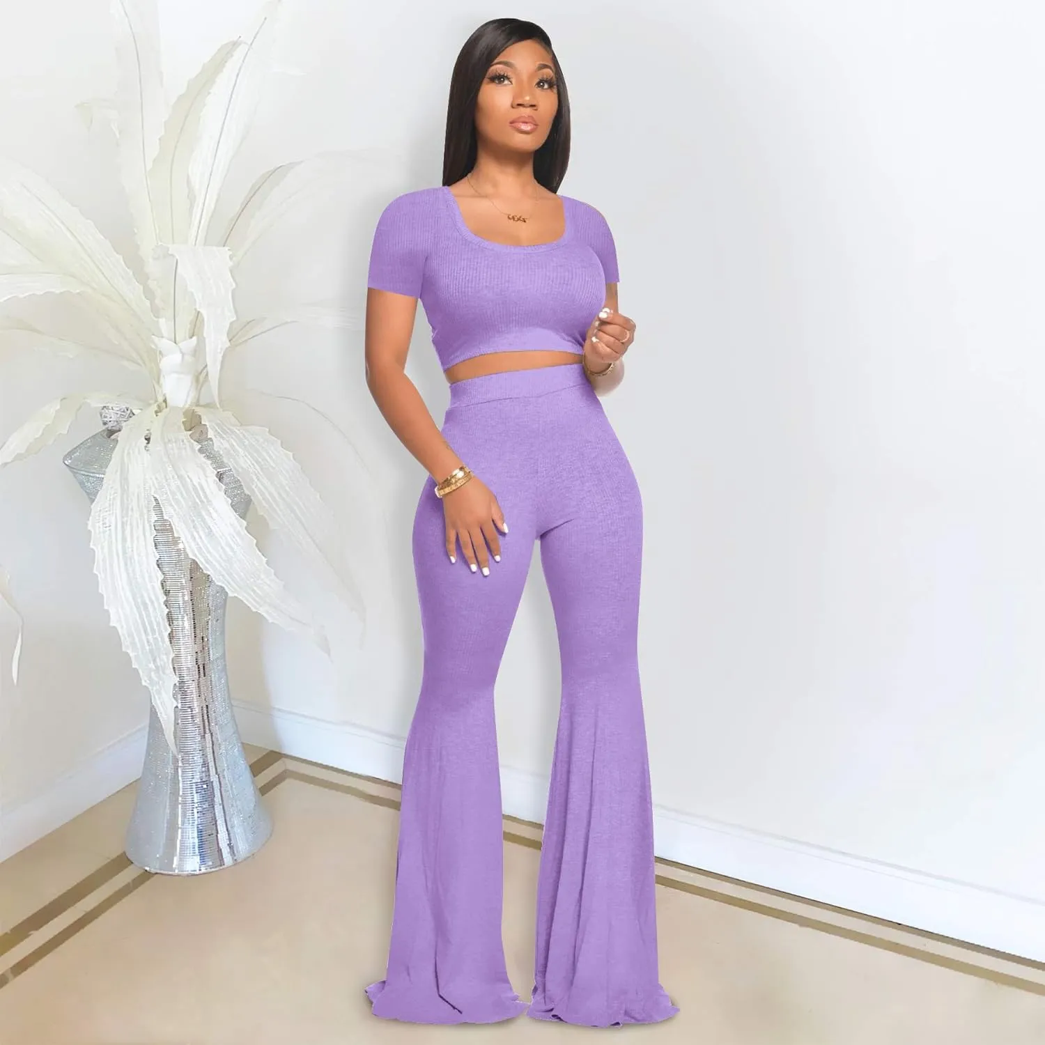 2 Piece Outfits for Women Workout Sets - Sexy Crop Top   High Waisted Flared Long Pant Sets Track Suits Yoga Sports