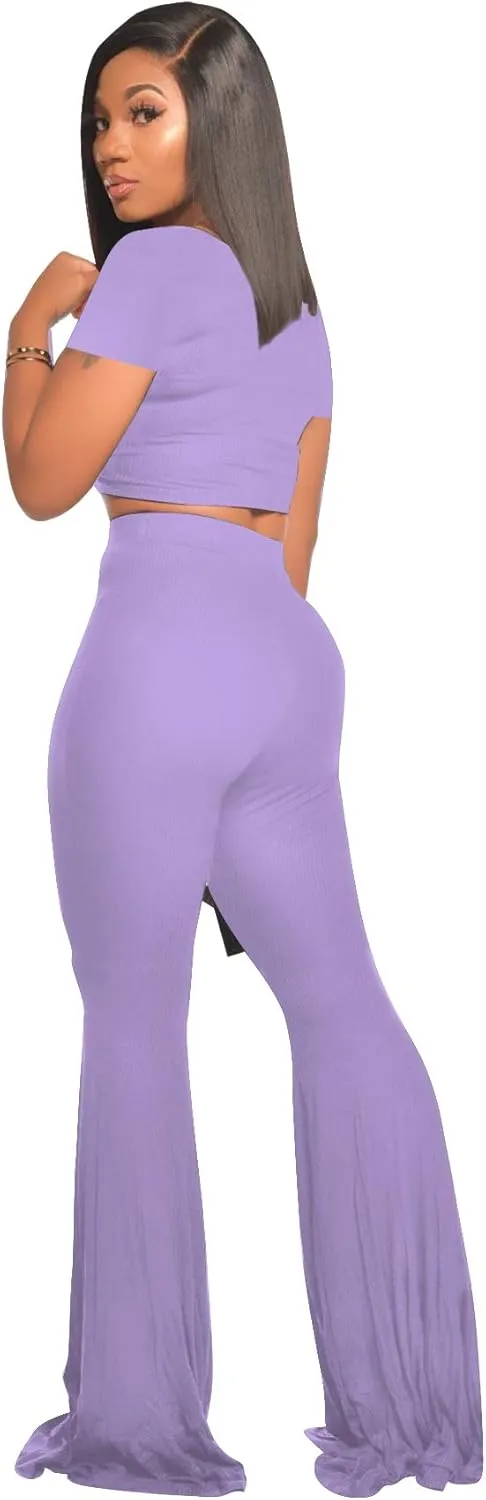 2 Piece Outfits for Women Workout Sets - Sexy Crop Top   High Waisted Flared Long Pant Sets Track Suits Yoga Sports
