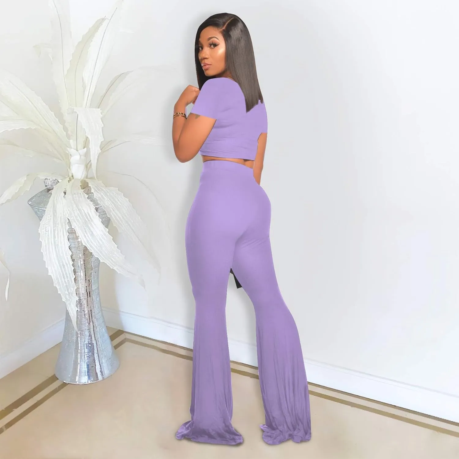 2 Piece Outfits for Women Workout Sets - Sexy Crop Top   High Waisted Flared Long Pant Sets Track Suits Yoga Sports