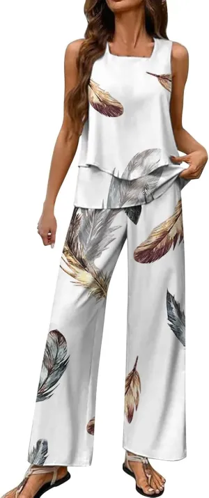 2 Piece Sets for Women Summer Sleeveless Lounge Sets Square Neck Tops Wide Leg Crop Pants Beach Vacation Outfits