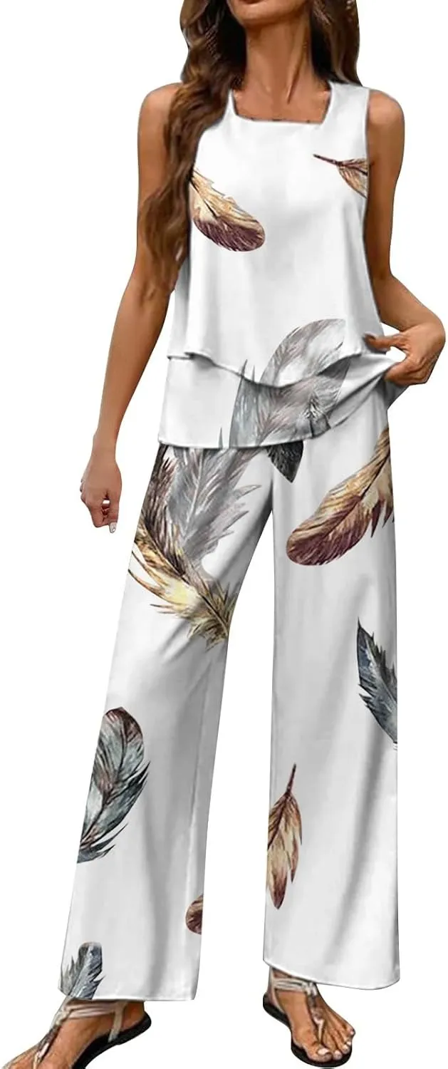 2 Piece Sets for Women Summer Sleeveless Lounge Sets Square Neck Tops Wide Leg Crop Pants Beach Vacation Outfits