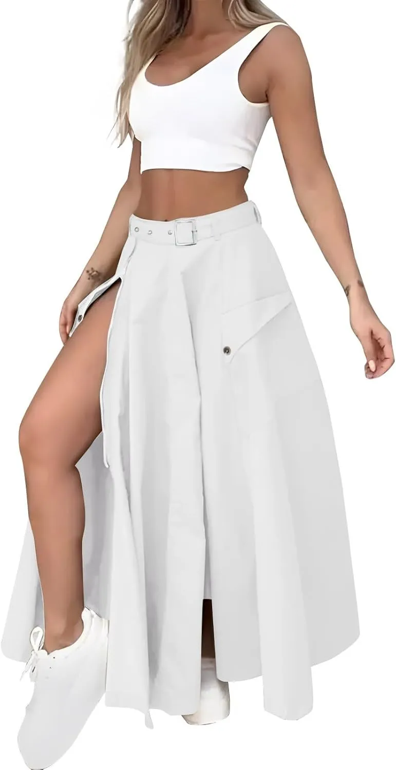 2 Piece Skirt Sets For Women Trendy Solid High Slit Skirt And Crop Tank Top Summer Outfits High Waist Maxi Skirt Sets