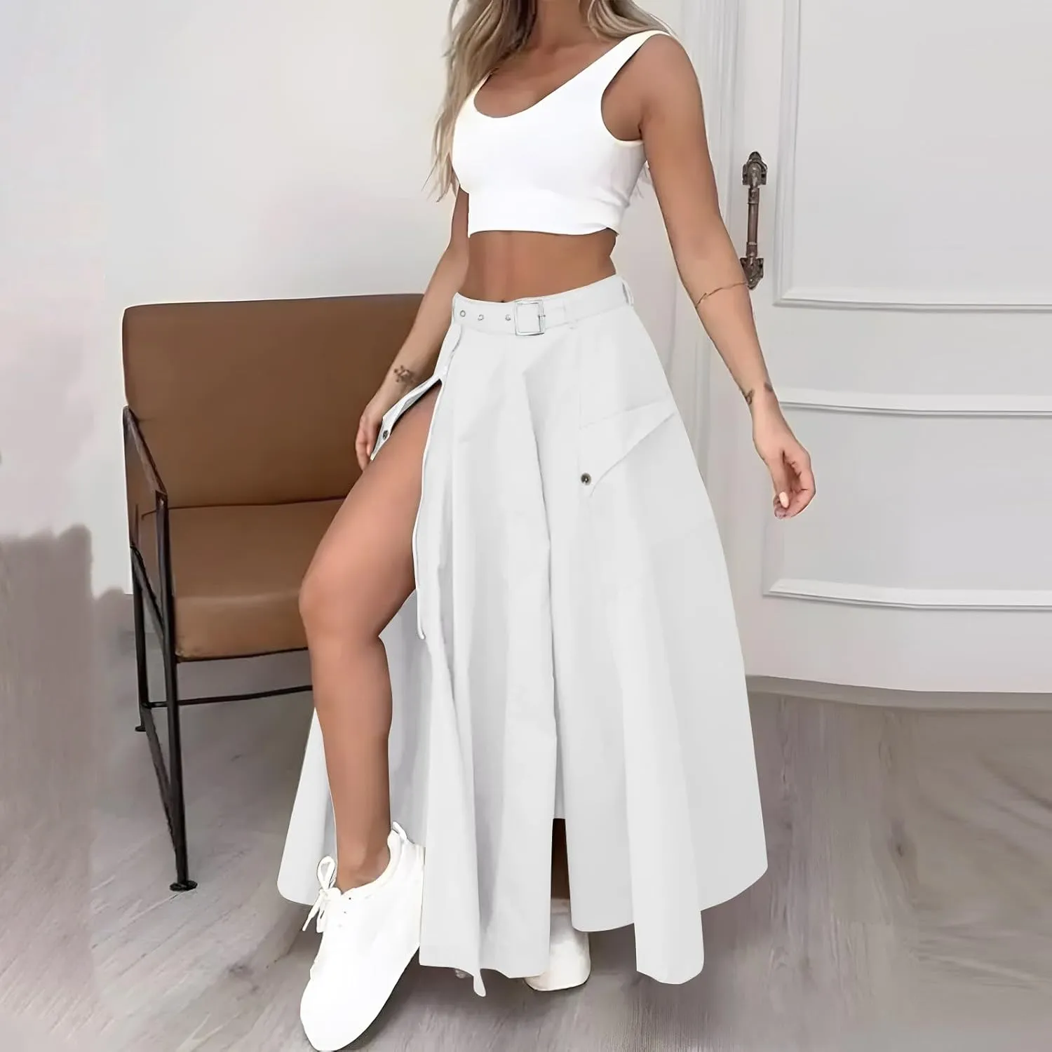 2 Piece Skirt Sets For Women Trendy Solid High Slit Skirt And Crop Tank Top Summer Outfits High Waist Maxi Skirt Sets