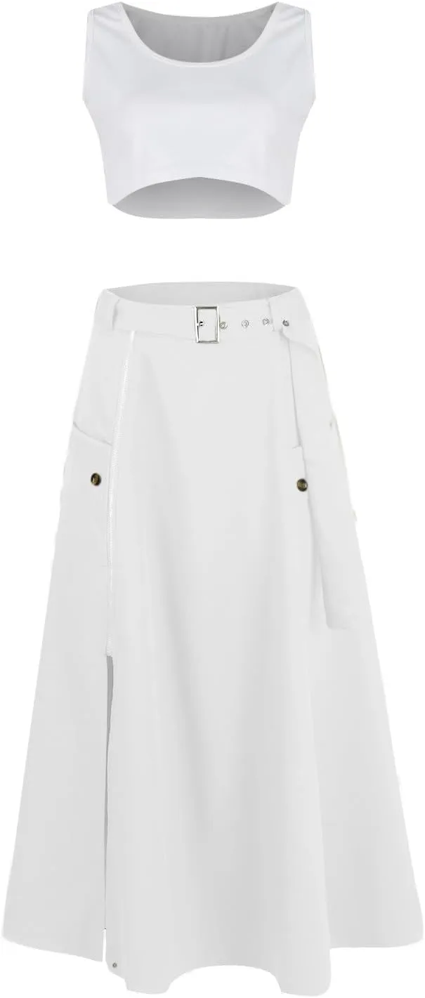 2 Piece Skirt Sets For Women Trendy Solid High Slit Skirt And Crop Tank Top Summer Outfits High Waist Maxi Skirt Sets