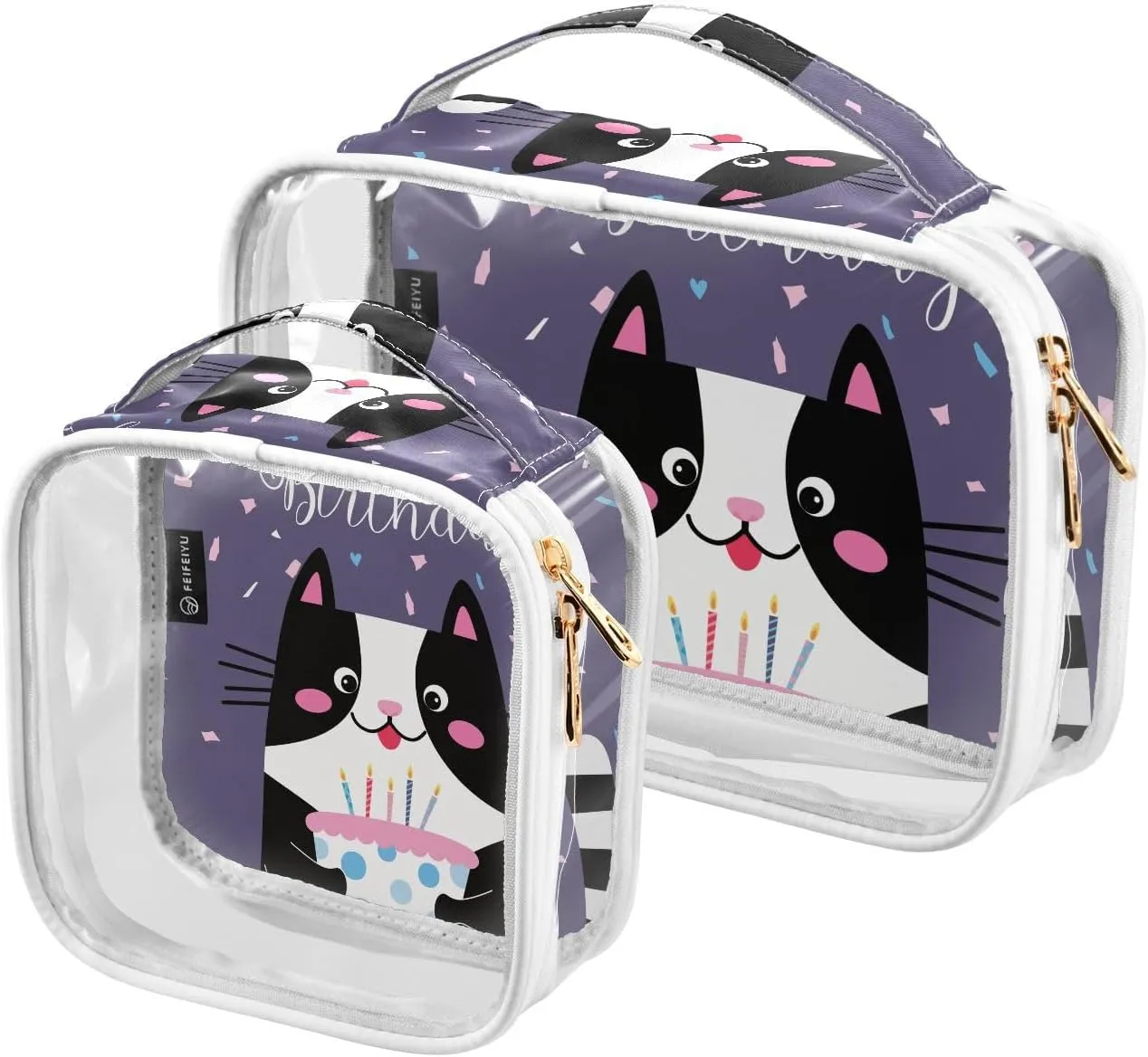 2 Pieces Portable Clear Large Makeup Bag, PVC Waterproof Travel Organizer for Men Women, Cute-cats-with-birthday Toiletry Bags with Gold Zippers.