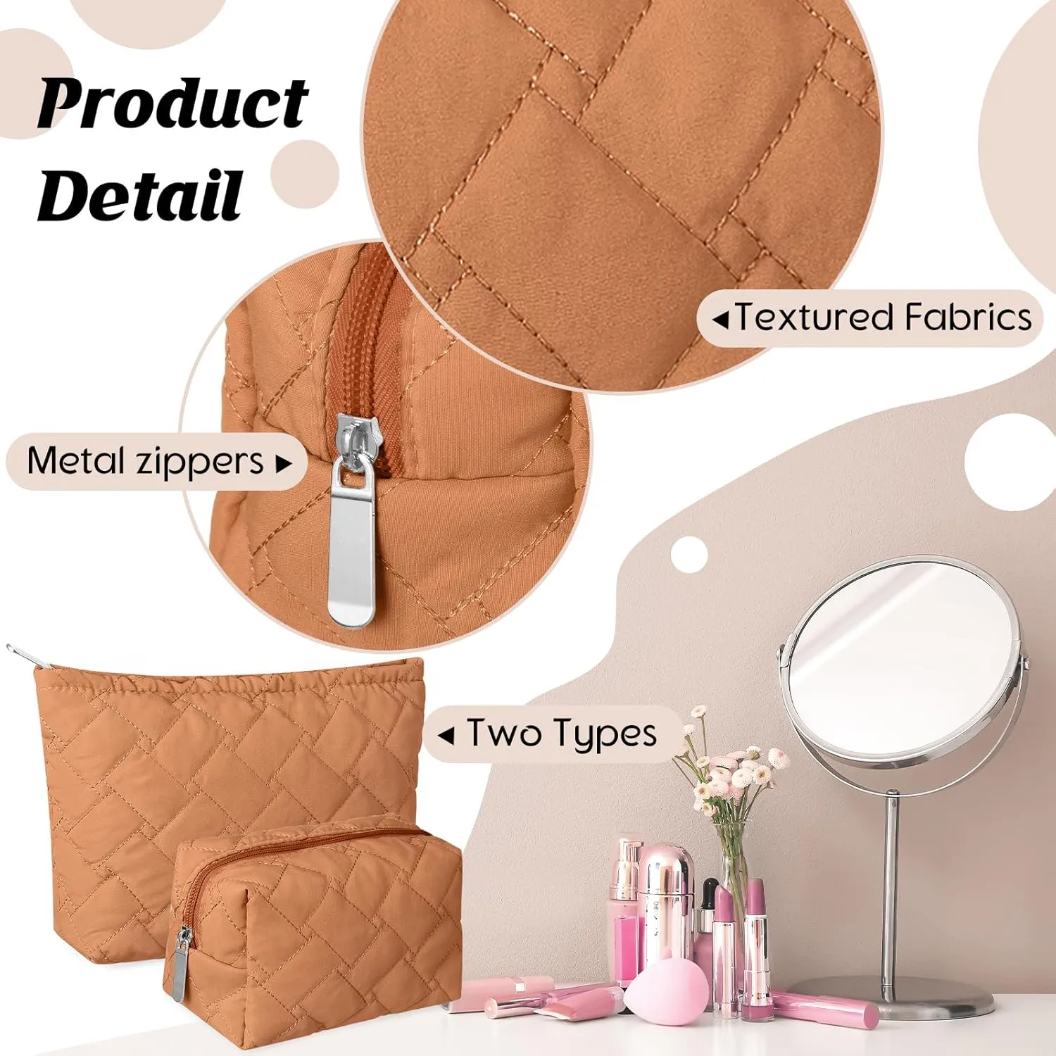 2 Pieces Quilted Makeup Bag Set for Women,Cosmetic Bag,Preppy Travel Make Up Bags for Women,Cute Puffer Travel Makeup Toiletry Bags Set, Easter Birthday Gifts for Teen Girls(Brown)