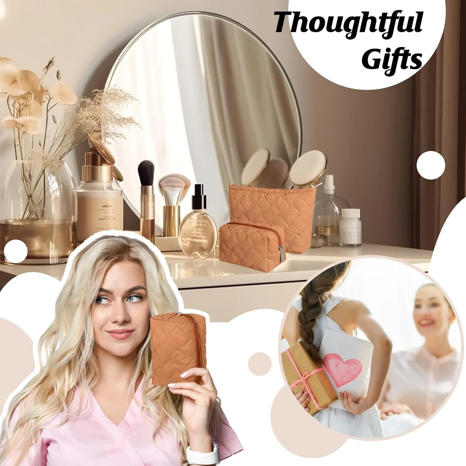 2 Pieces Quilted Makeup Bag Set for Women,Cosmetic Bag,Preppy Travel Make Up Bags for Women,Cute Puffer Travel Makeup Toiletry Bags Set, Easter Birthday Gifts for Teen Girls(Brown)