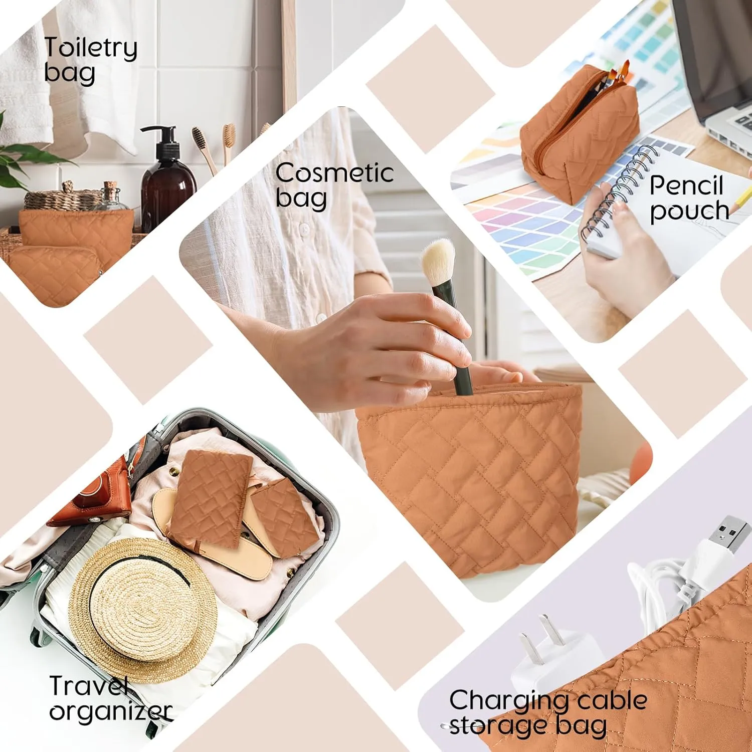 2 Pieces Quilted Makeup Bag Set for Women,Cosmetic Bag,Preppy Travel Make Up Bags for Women,Cute Puffer Travel Makeup Toiletry Bags Set, Easter Birthday Gifts for Teen Girls(Brown)
