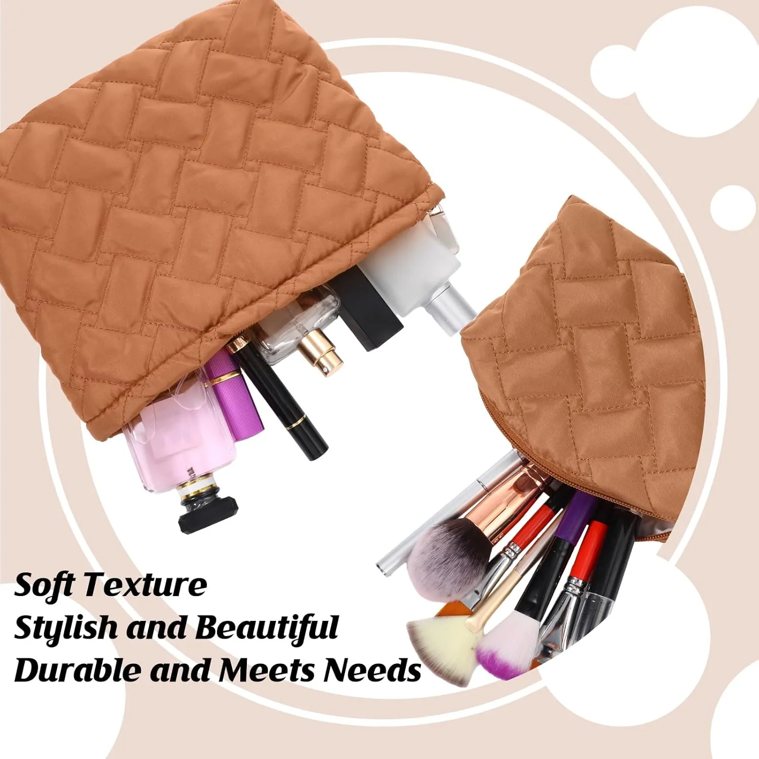 2 Pieces Quilted Makeup Bag Set for Women,Cosmetic Bag,Preppy Travel Make Up Bags for Women,Cute Puffer Travel Makeup Toiletry Bags Set, Easter Birthday Gifts for Teen Girls(Brown)