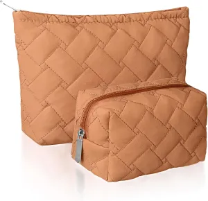 2 Pieces Quilted Makeup Bag Set for Women,Cosmetic Bag,Preppy Travel Make Up Bags for Women,Cute Puffer Travel Makeup Toiletry Bags Set, Easter Birthday Gifts for Teen Girls(Brown)