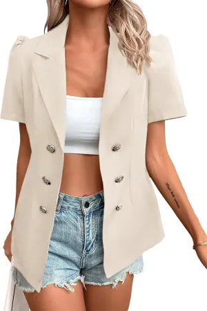 2024 Summer Womens Short Puff Sleeve Fully Lined Blazer Double Breasted Lightweight Casual Office Jackets