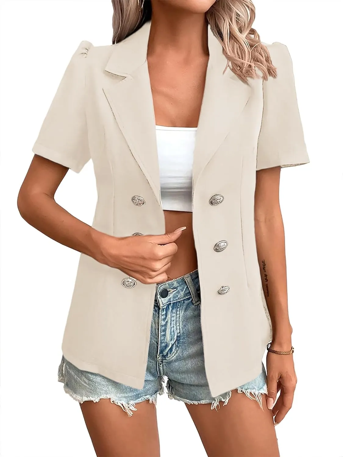 2024 Summer Womens Short Puff Sleeve Fully Lined Blazer Double Breasted Lightweight Casual Office Jackets