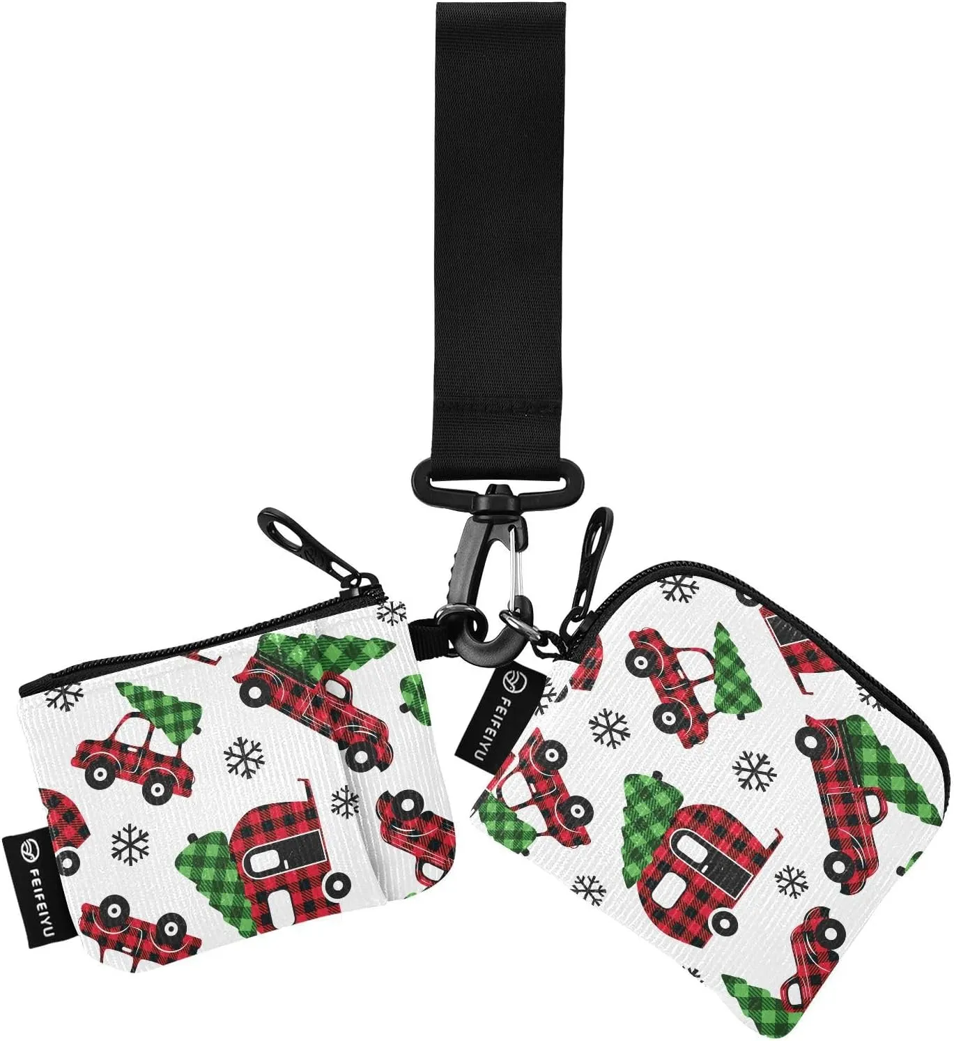 2PCS Coin Purse Wristlet Wallets Keychain Wallet Zip Around Portable Wallet with Detachable Dual Pouch Buffalo Plaid Christmas Truck