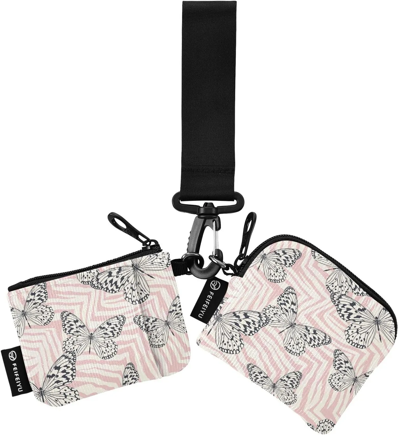 2PCS Coin Purse Wristlet Wallets Keychain Wallet Zip Around Portable Wallet with Detachable Dual Pouch Butterfly On Zebra Print