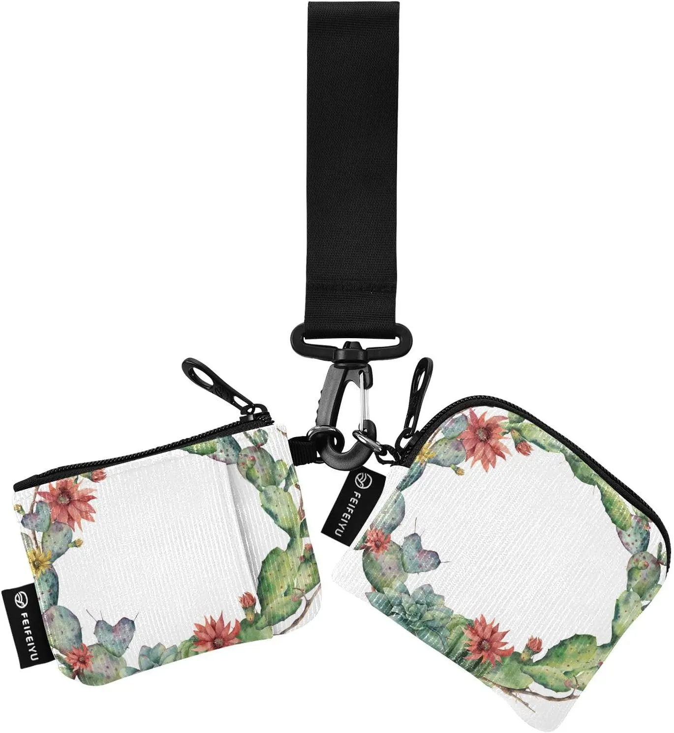 2PCS Coin Purse Wristlet Wallets Keychain Wallet Zip Around Portable Wallet with Detachable Dual Pouch Cactus Flower Circle