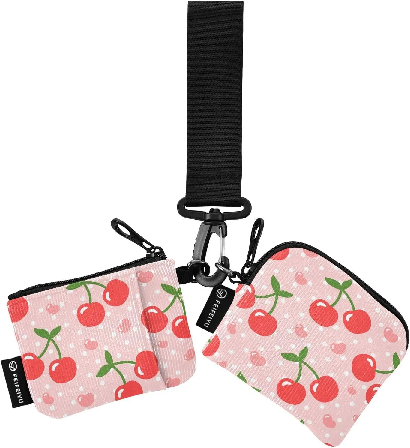 2PCS Coin Purse Wristlet Wallets Keychain Wallet Zip Around Portable Wallet with Detachable Dual Pouch Cherry Cute Heart