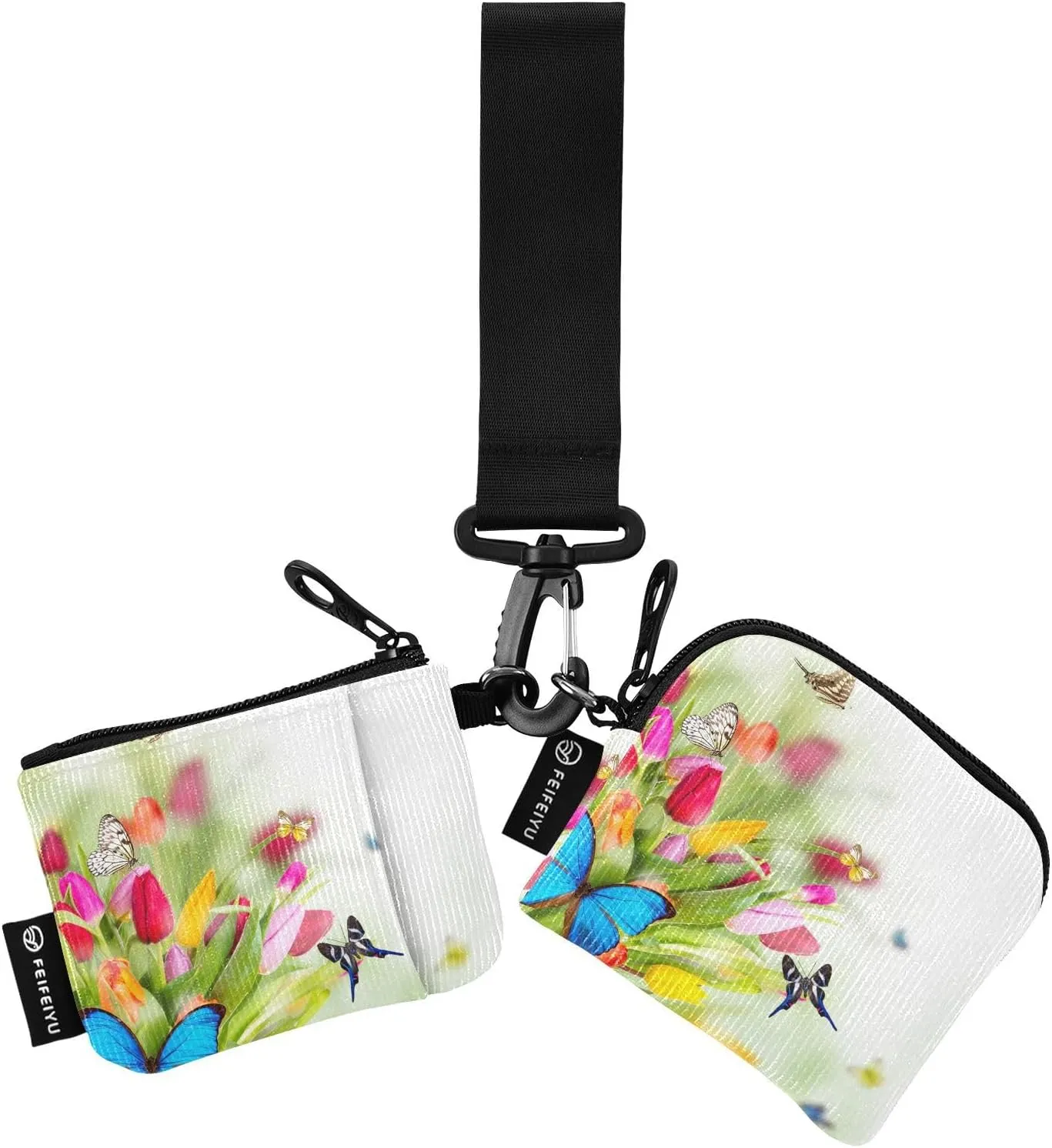 2PCS Coin Purse Wristlet Wallets Keychain Wallet Zip Around Portable Wallet with Detachable Dual Pouch Colorful Tulip Butterfly