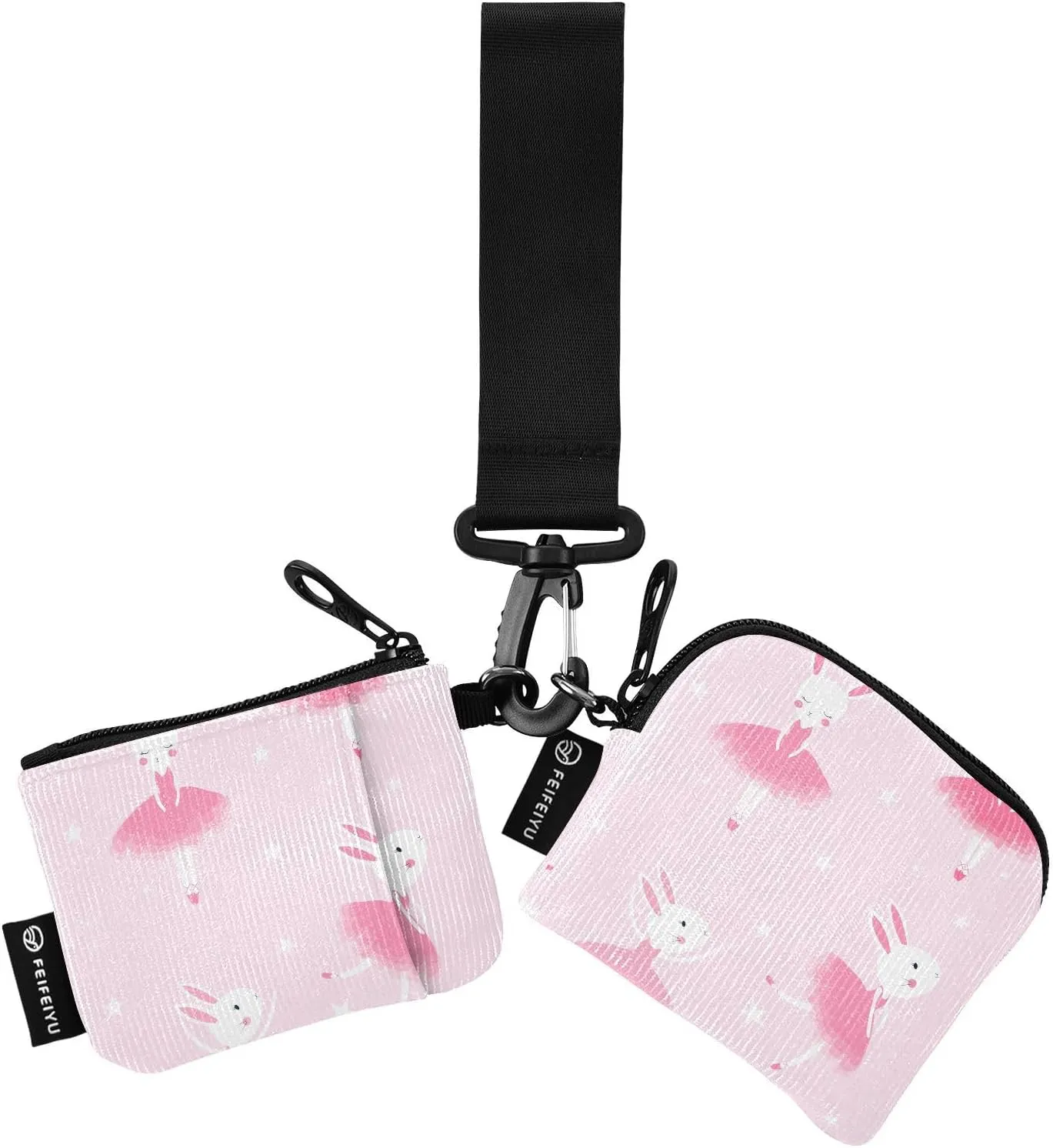 2PCS Coin Purse Wristlet Wallets Keychain Wallet Zip Around Portable Wallet with Detachable Dual Pouch Cute Pink Bunny