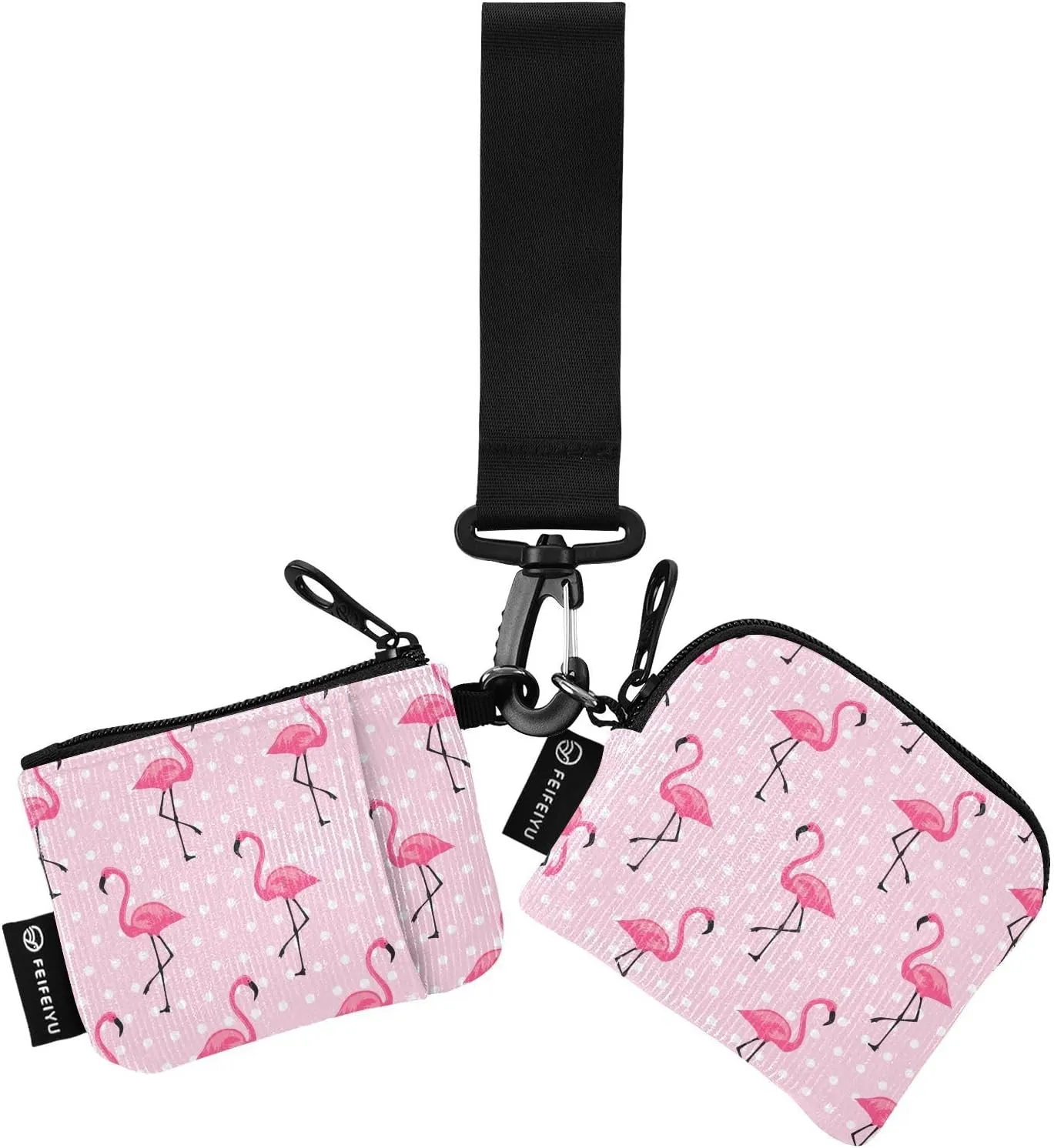 2PCS Coin Purse Wristlet Wallets Keychain Wallet Zip Around Portable Wallet with Detachable Dual Pouch Cute Pink Flamingo