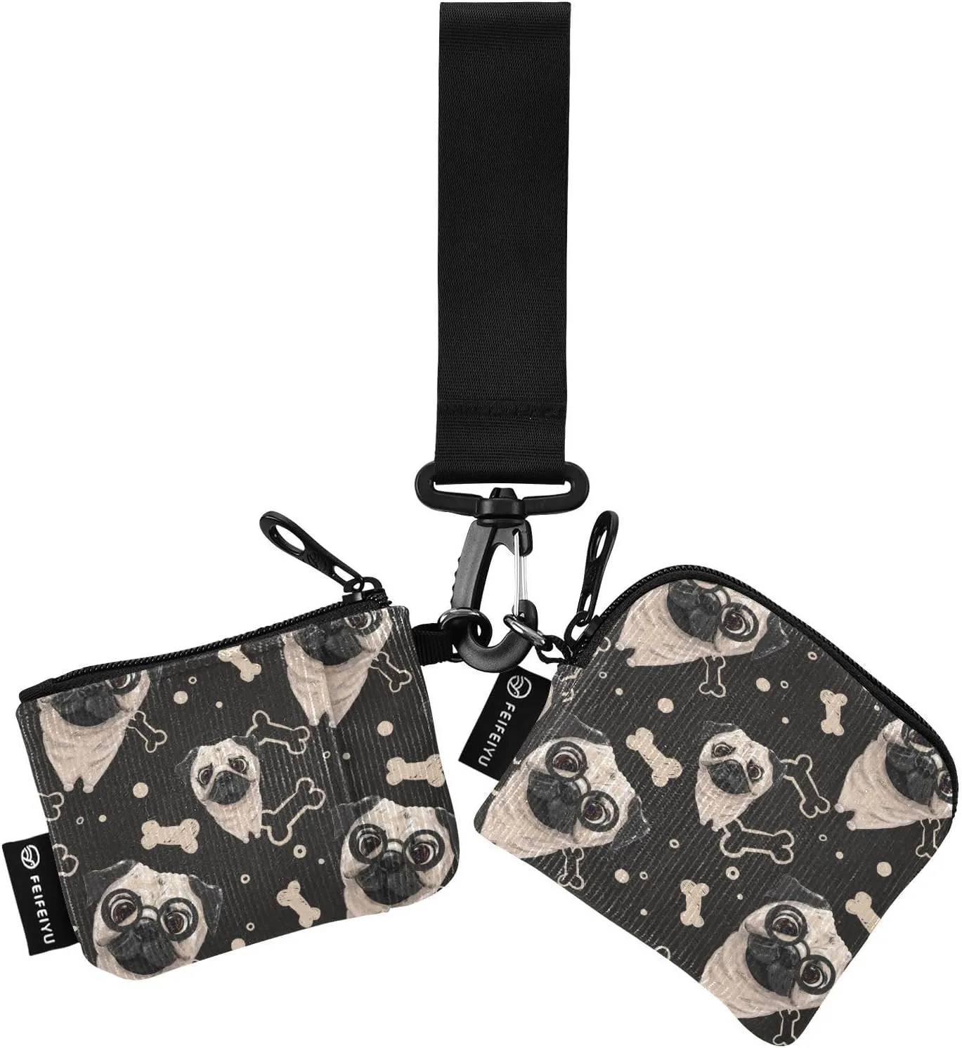 2PCS Coin Purse Wristlet Wallets Keychain Wallet Zip Around Portable Wallet with Detachable Dual Pouch Cute Pugs