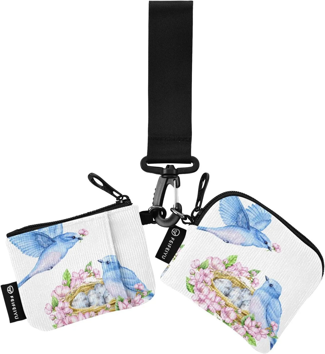 2PCS Coin Purse Wristlet Wallets Keychain Wallet Zip Around Portable Wallet with Detachable Dual Pouch Flower Nest Blue Birds