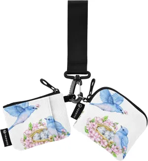 2PCS Coin Purse Wristlet Wallets Keychain Wallet Zip Around Portable Wallet with Detachable Dual Pouch Flower Nest Blue Birds