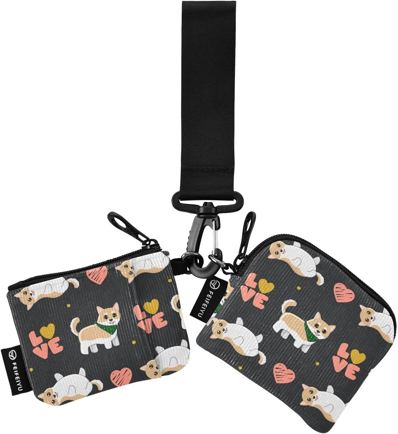 2PCS Coin Purse Wristlet Wallets Keychain Wallet Zip Around Portable Wallet with Detachable Dual Pouch Funny Dog With Hearts